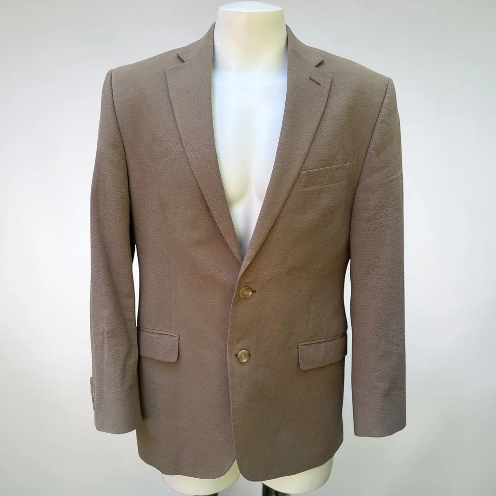 Lauren Ralph Lauren Blazer 40R Tan Seersucker Cotton Sport Coat 2-Button Preppy